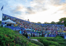 Finca Cortesin: El Legado de la Solheim Cup General view of the 1st tee and grandstand during the morning foursomes on the first day