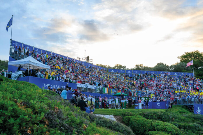 General view of the 1st tee and grandstand during the morning foursomes on the first day